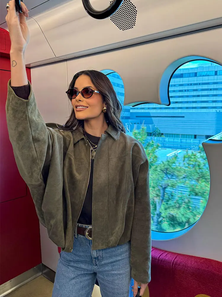 HH Damska Kurtka Bomberka z Zamszu w Stylu Vintage, Zapinana na Zamek, z Długim Rękawem, Jesień 2025, Luźna, Oversize, Casualowa Odzież Wierzchnia