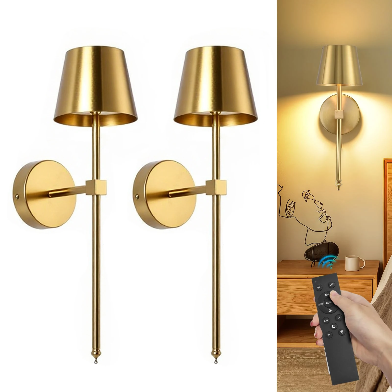 Retro-LED-Wandleuchte, wiederaufladbar, kabellos, ferngesteuert, dimmbar, gebürstetes Gold-Finish, ideal für Schlafzimmer, Wohnzimmer, Flur