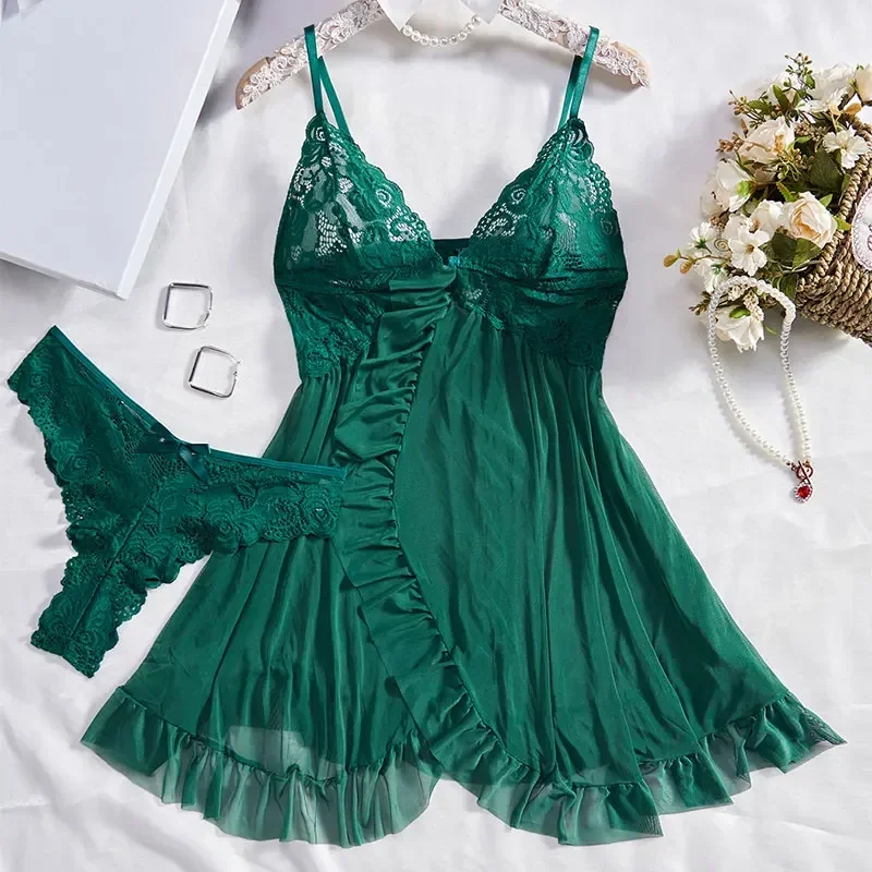 Women Exquisite 2 Pcs Set Lace Nightgown Homewear New Green Nighttime Pajamas Transparent Split Nightdress  Bra Panty Sets