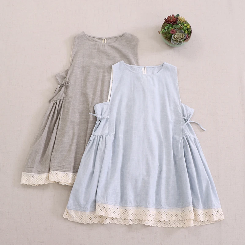 

Japanese Sweet Mori Girl Vintage Striped Side Bandage Mini Tank Dress Women Summer New O-Neck Sleeveless Casual Vest Tank Tops