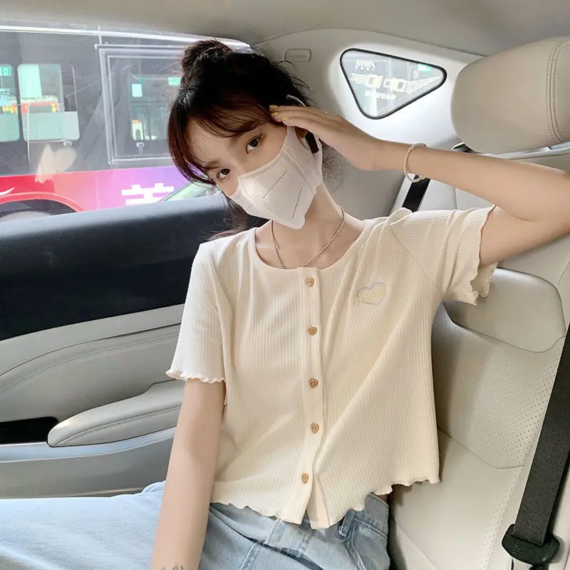 Women Summer Korean Slim Fashion Embroidered O-neck Short Sleeve All-match T-Shirt Women Clothes Casual Appear Thin Trend Tops