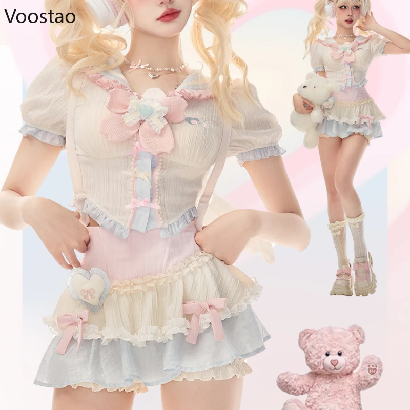 Kawaii Lolita Style gonna Set donna dolce fiocco manica corta camicetta Crop top minigonne vestito femminile moda coreana 2 pezzi Set