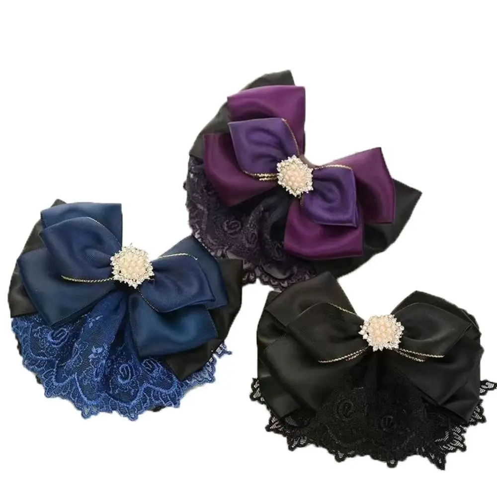 Sweet Pearl Bowknot Spring Clip Rhinestone Korean Style Bun Snood Ribbon Headwear Hair Net Cover Hotel