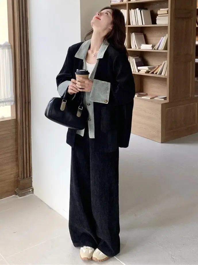 

Korean Version Of High-end Denim Splicing Blazer Wide-leg Pants Two-piece Set Women's Spring And Autumn New Suit Suit