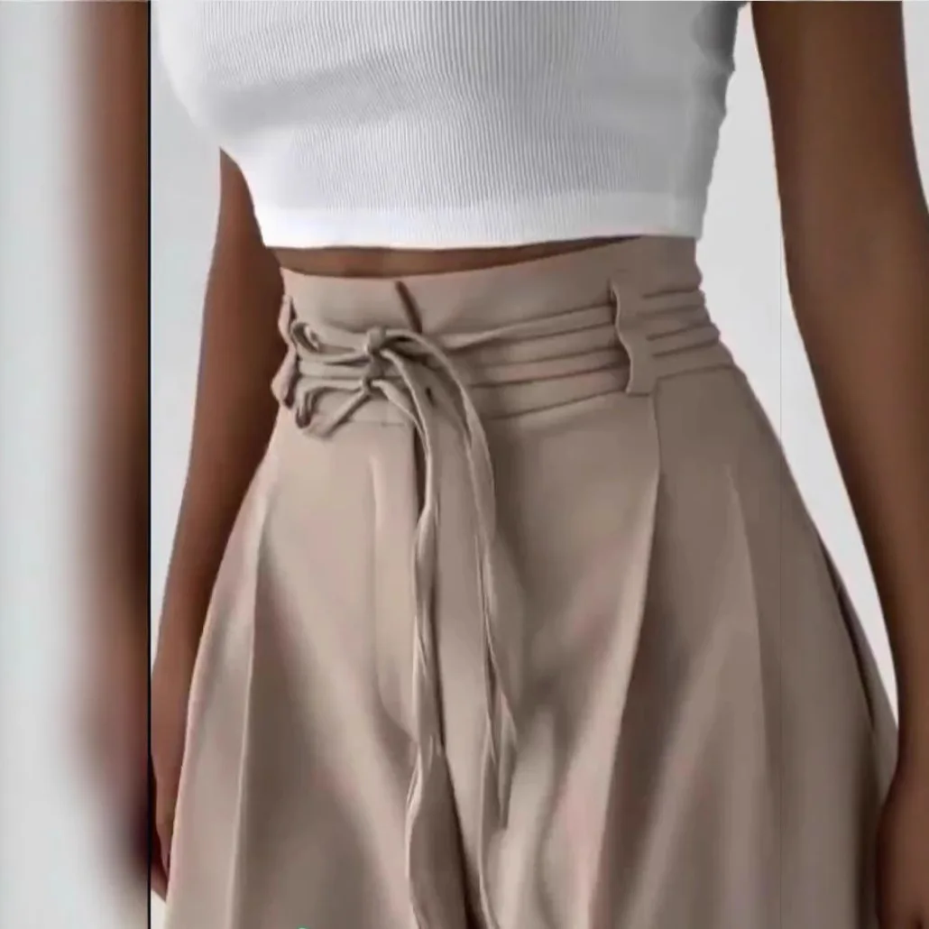 High Waist Pant Women Casual Wide Leg Pants Pockets Lace Up Y2k Streetwear Floor Length Trousers Summer Office Lady Elegant