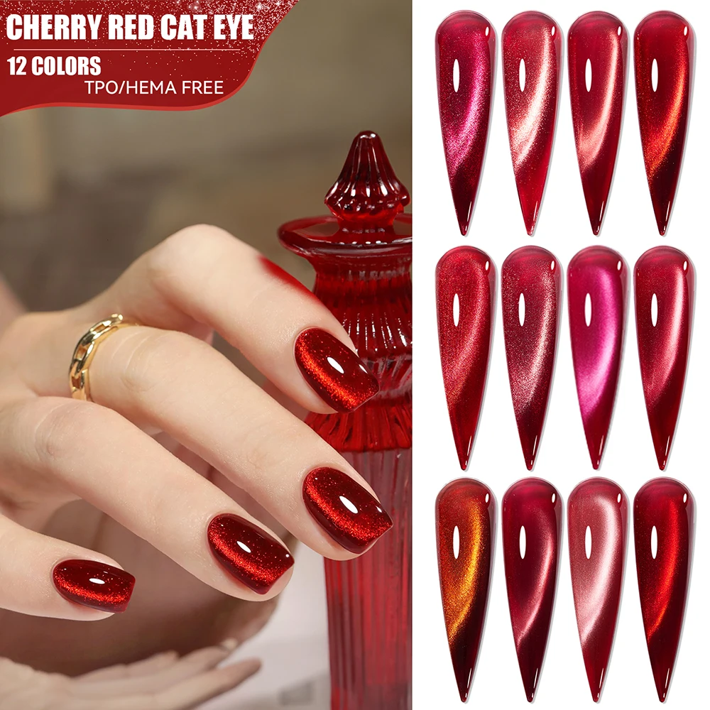 

Vendeeni TPO HEMA FREE 12 Colors/Set Red Crystal Cat Eye Gel Nail Polish Glass Bead Magnetic UV LED Gel Varnish With Display