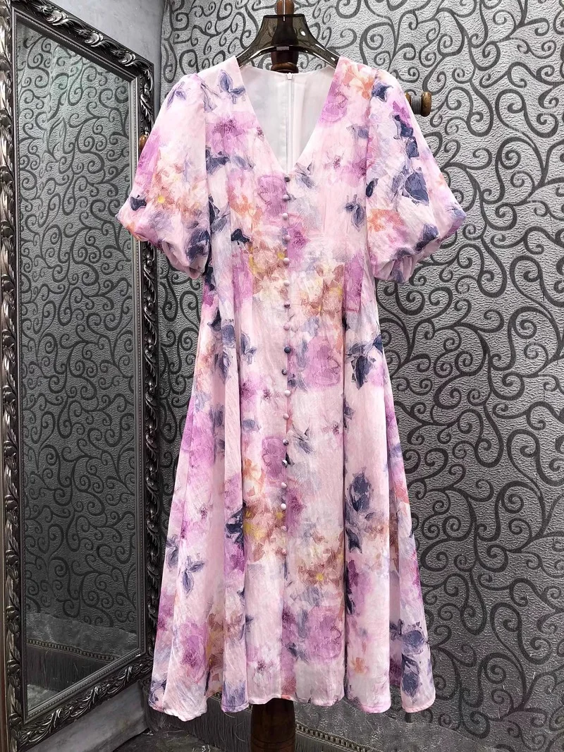 Newest Fashion Summer Dress 2024 High Quality Clothes Women V-Neck Purple Floral Print Tunic Button Short Sleeve Midi Boho Dress