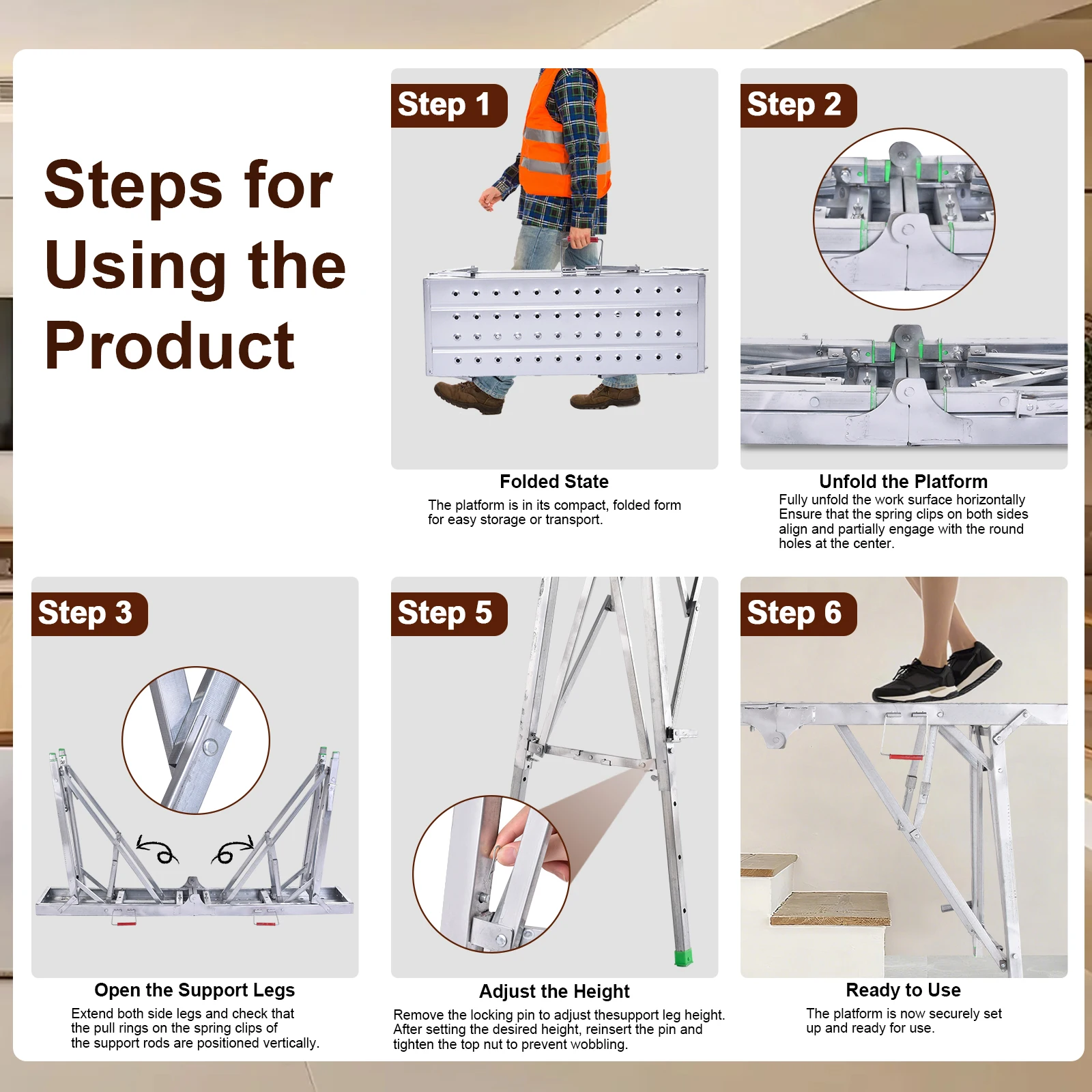 Portable Scaffolding Height Adjustable Steel Workbench 330 Load Capacity, Portable Drywall Painting Stool for Car Washing