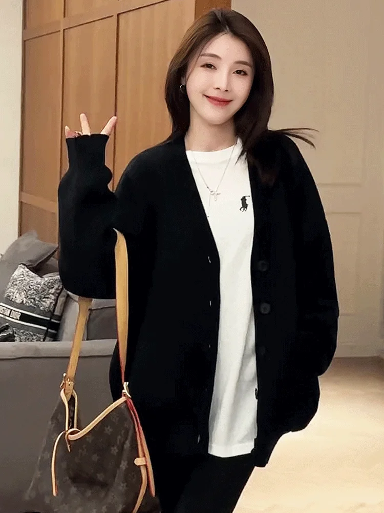 Saili Premium Black Knitted Sweater Cardigan Jacket for Women New Loose Long Sleeved Top