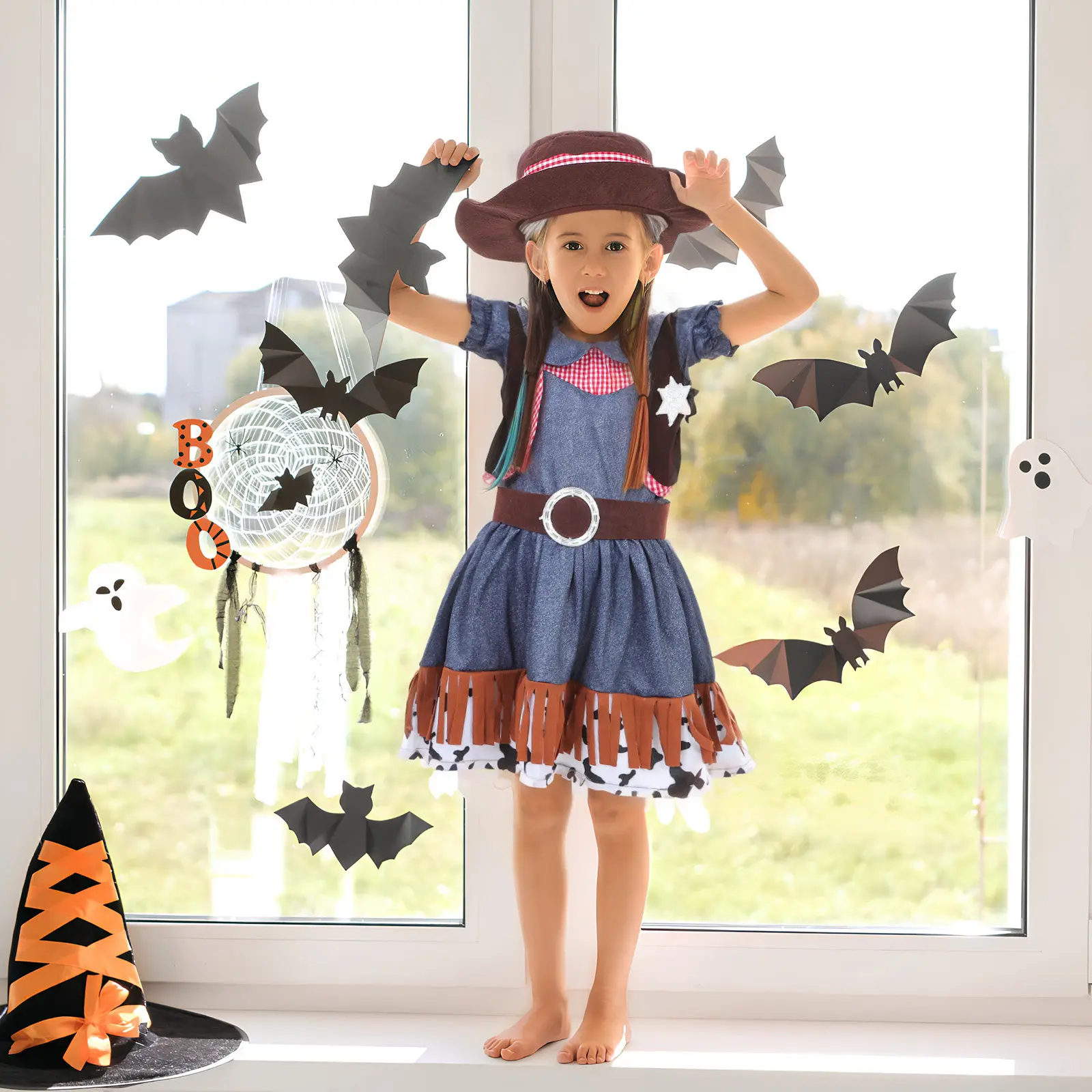 1Set Girls Cowgirl Costume Western Dress M Size Cute Comfortable Breathable Outfit for Halloween Birthday Party Themed Events