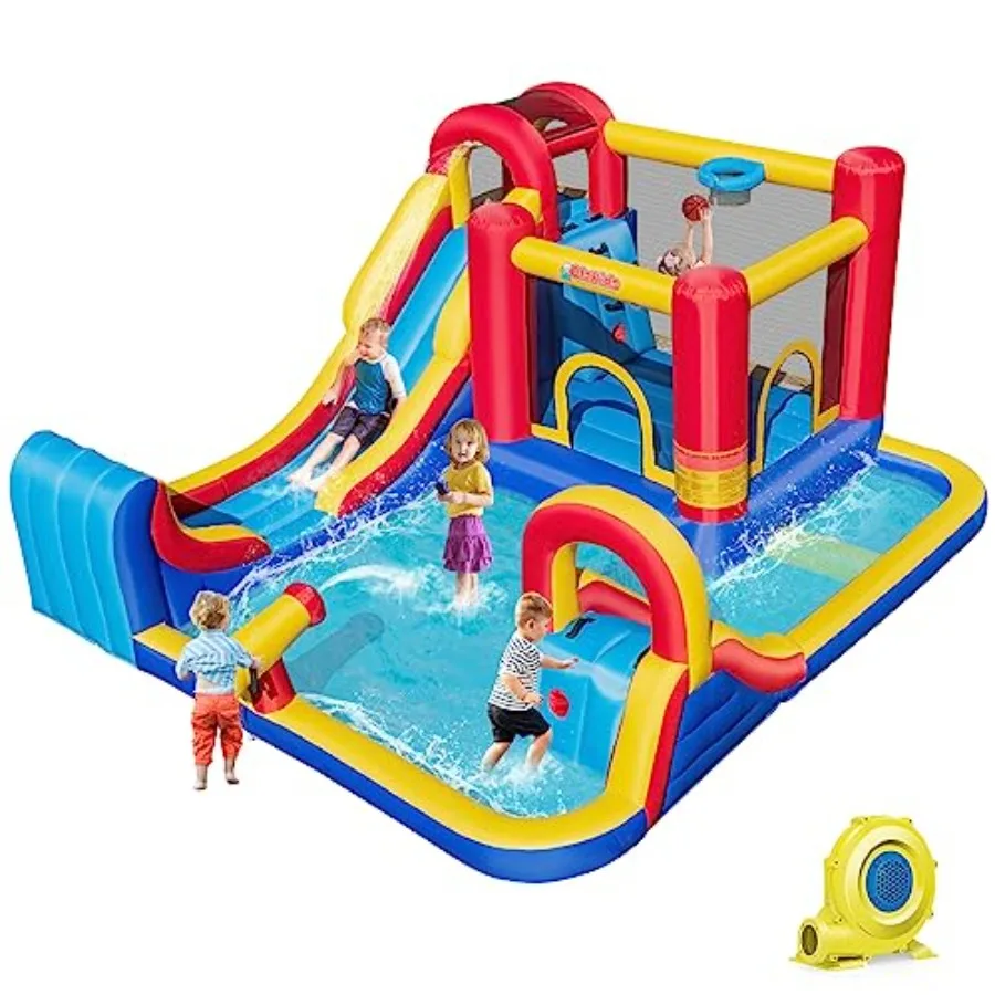 Outdoor inflatable water slide park for backyard use PVC material blue and yellow color 8-in-1 design with dual slides splash p