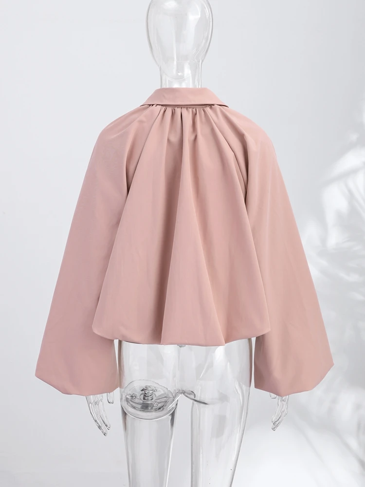 Ballonärmel Cropped Bomberjacken für Damen, Street-Style mit Revers, Lange Laternenärmel, Einfarbige Schlanke Mäntel, Frühling Schicke Damen-Oberbekleidung – Detail 5
