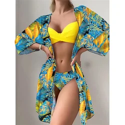 Three Pieces Bikini Set Cover Up Women 2023 New Push Up Twist Swimsuit Print Long Sleeve Swimwear Biquini Bathing Suit Summer