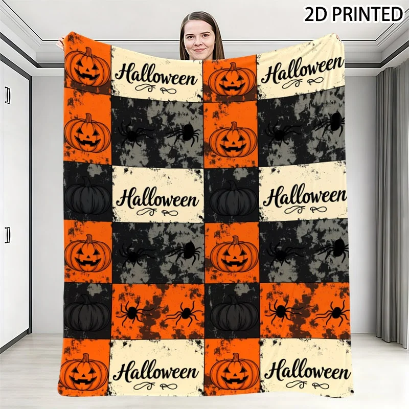 Halloween Themed Patchwork Grid Print Throw Blanket, Jack-O'-Lantern And Spider Decorative Pattern with Festive Lettering, Multi