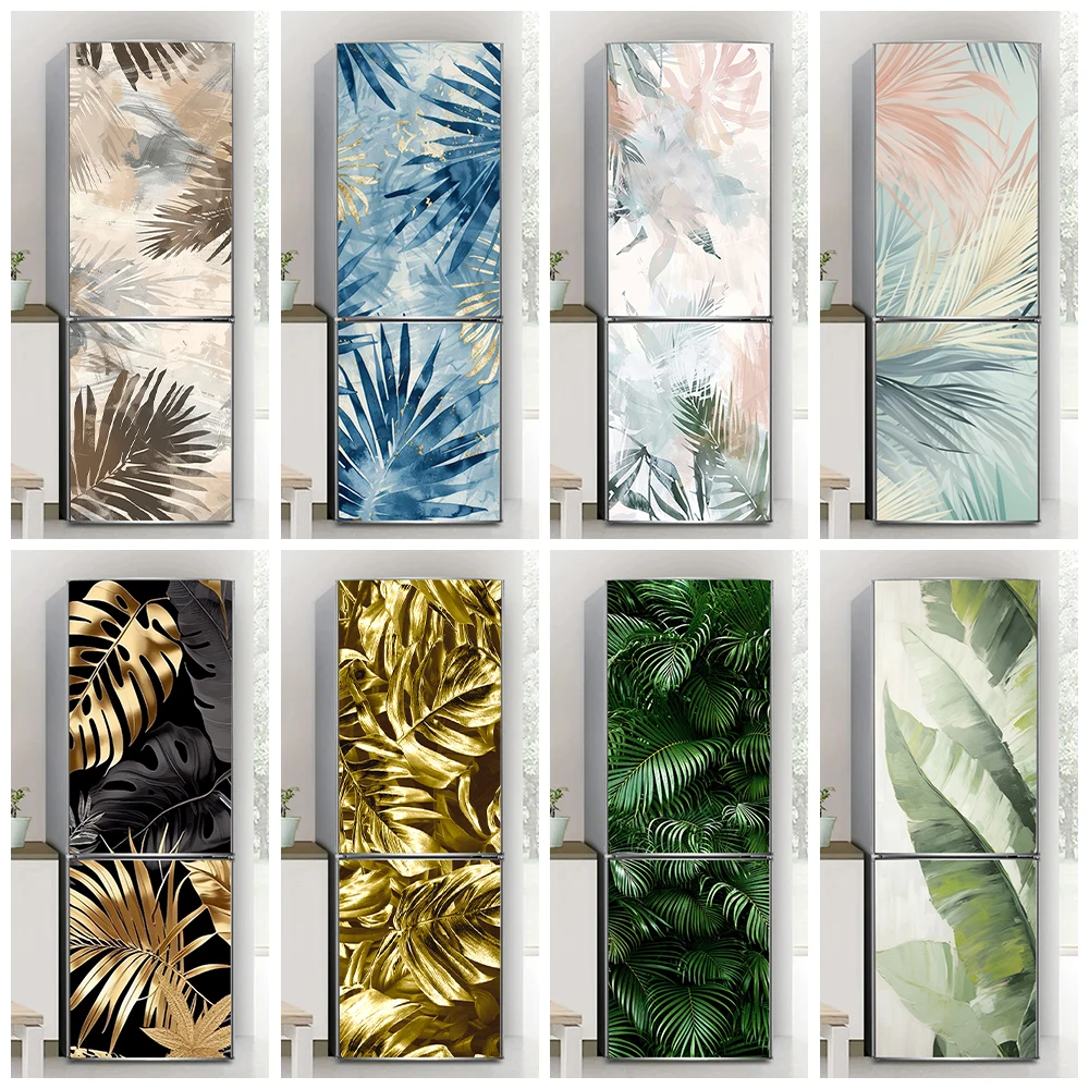 

Plant Series Palm leaves Art Mural Refrigerator Door Sticker Waterproof Black Gold Monstera Fridge Door Wrap Cover Wallpaper