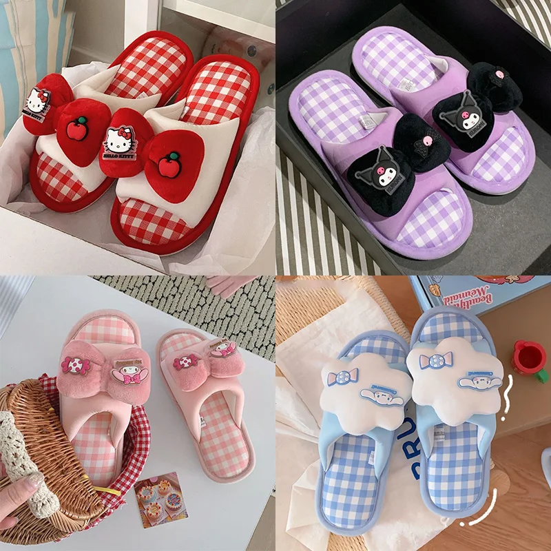 سانريو سينامورول مرحبا كيتي كورومي نعال من القطن الكرتون لطيف الشتاء داخلي المنزل النعال سميكة وحيد الدفء حذاء قطني