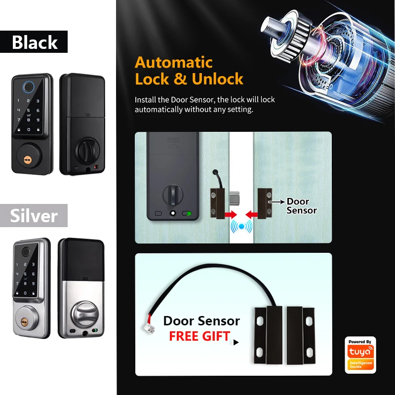 RAYKUBE A1 TT Lock/ Tuya Auto Fingerprint Deadbolt Smart Door Lock Digital Lock With Door Sensor Password/IC Card/APP/Key