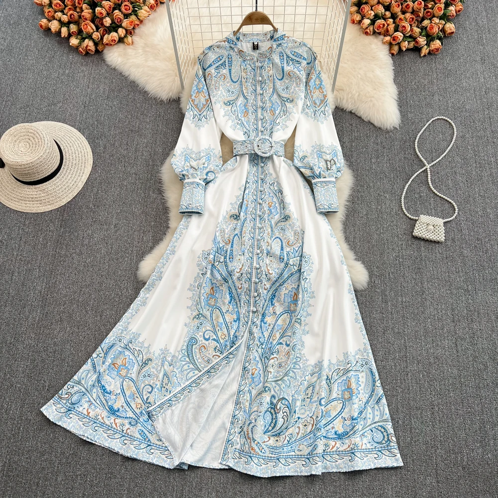 

Elegant Ethnic Style Stand Collar Floral Women's Party Long Dresses Spring Autumn Long Sleeve Female Maxi Dress Vestidos 원피스