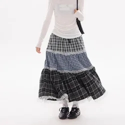 Designer Christmas Plaid Lace Ruffles Maxi Skirt Cake Long Skirts Autumn Women A-line Midi Skirts England Classic Retro Skirt