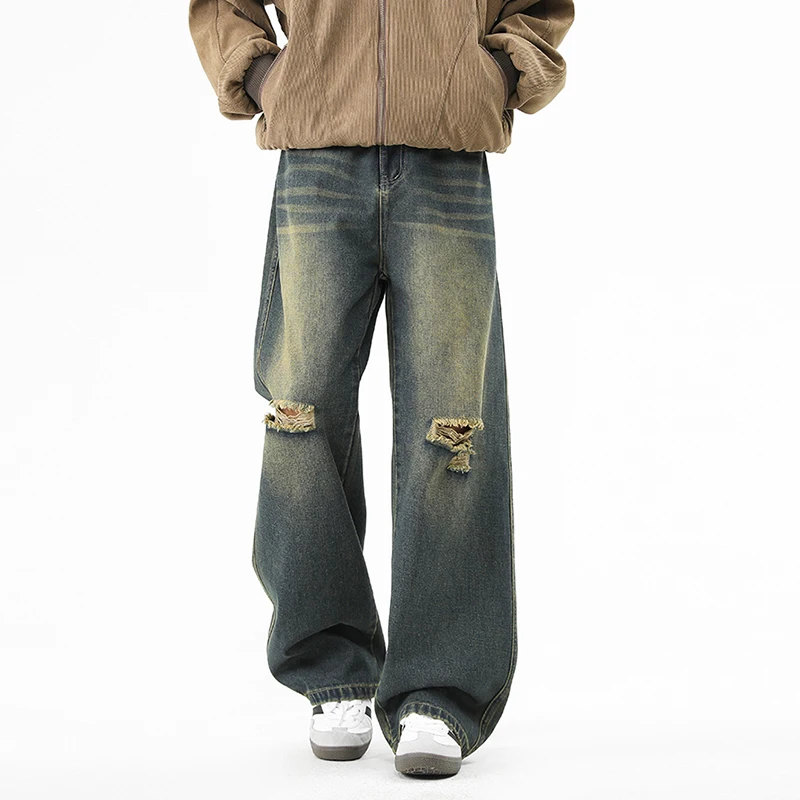 

New Men's Baggy Straight Leg Wide Leg Jeans Male Fashion Vintage Casual Hole Denim Pants Youth Popular Brand Streetwear Trousers