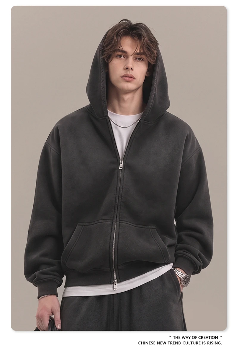 ZODF Retro Winter 400gsm Monkey Washed Fleece Zipper Hoodie Unisex Boxyfit Distressed High Street Hooded Jackets Outwears HY1330