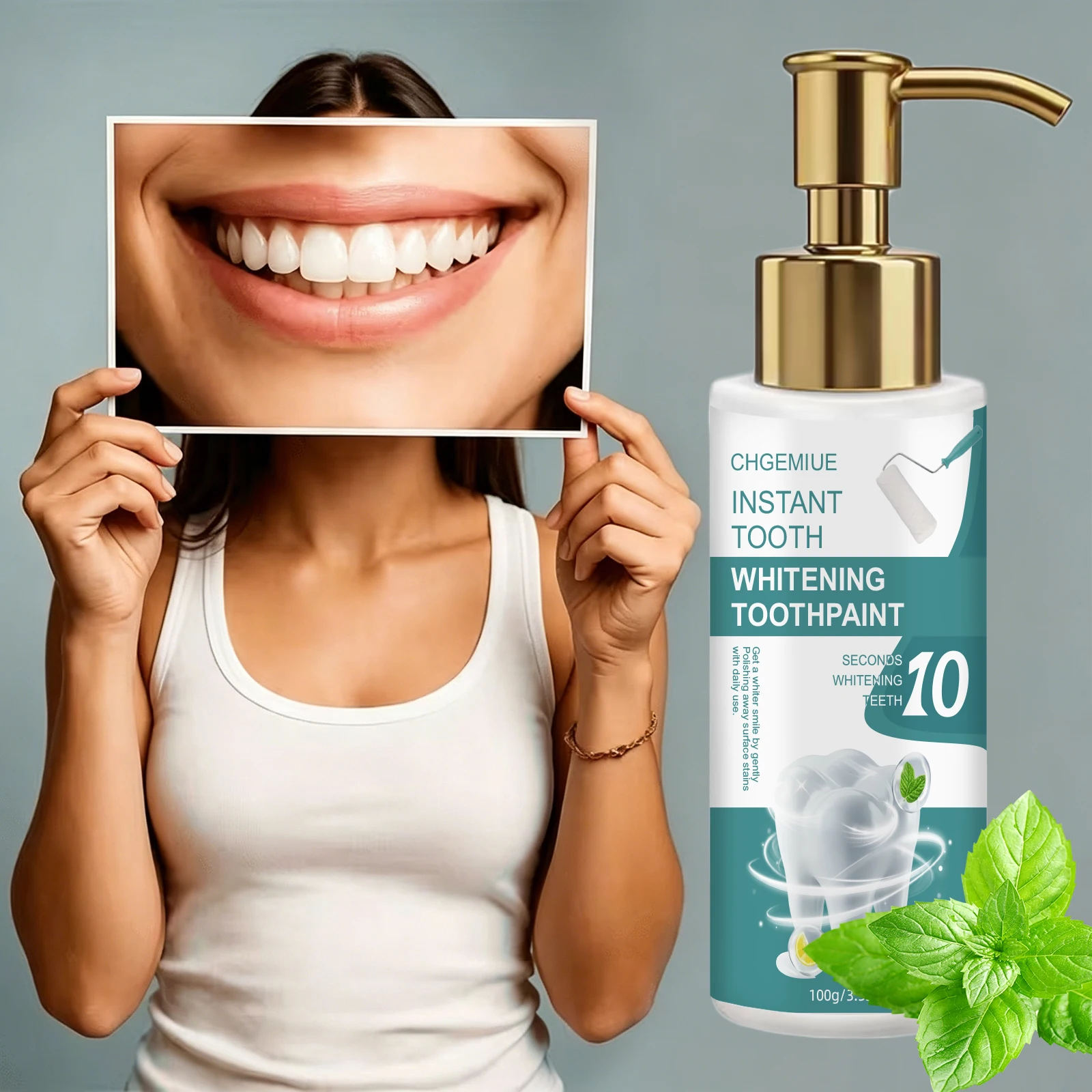 Tooth Whitening Tooth Paint, Gently Polish Away Surface Stains for Whiter Smile, Pump Bottle Daily Oral Care 100g