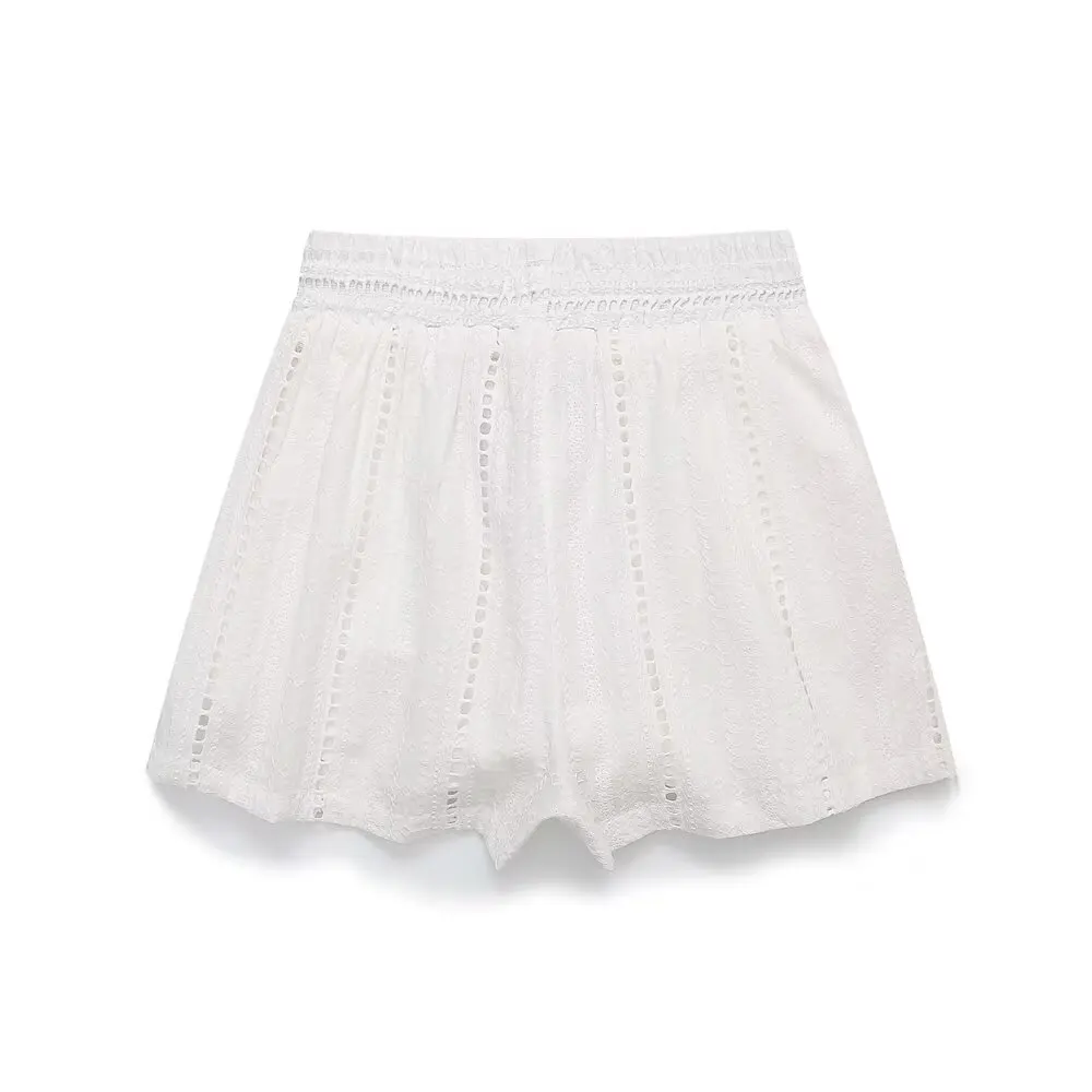 Maxdutti フレンチ中空刺繍コットンショーツ女性のためのミニマリストホワイトバミューダ夏ハイウエストショーツ女性