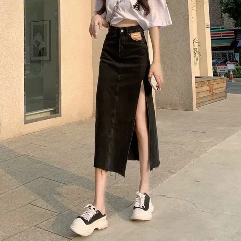 

Gidyq High Waist Women Jeans Skirts Korean Fashion Split Tassel Midi Skirts Harajuku Female All Match Y2K Denim Skirts New