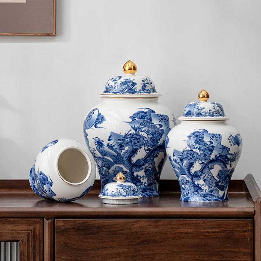 

Qinglong Ceramic Jar Vase Craft Jewelry Retro Home Decor General Jar Living Room Soft Decoration Entrance Porcelain