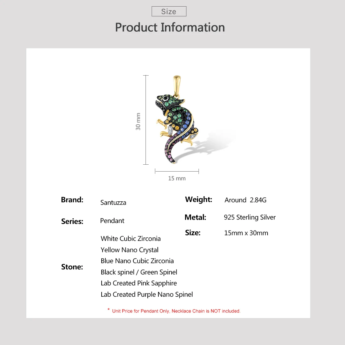 SANTUZZA Genuine 925 Sterling Silver Pendant for Women Sparkling Colorful Gems Lovely Chameleon Animal Elegant Fine Jewelry