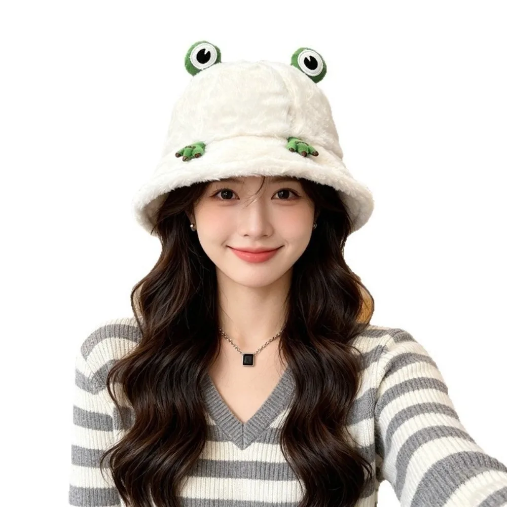 Cute Frog Thickened Fisherman Hat Round Top No Brim Winter Hat Versatile Windproof Bucket Hat Outdoor Wear
