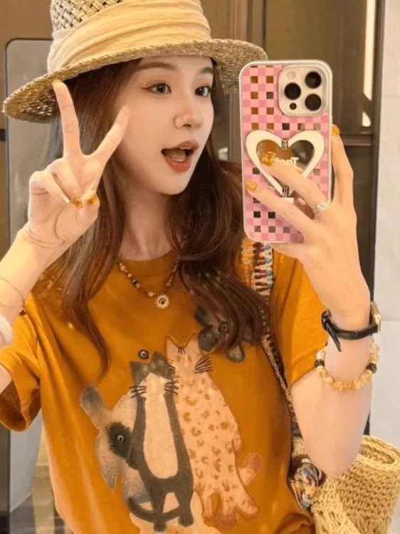 슬림핏 한국 스타일 레이지 탑 슈퍼 유니크 라운드넥 프린트 티셔츠 여름 출퇴근 패션 독창적인 패턴