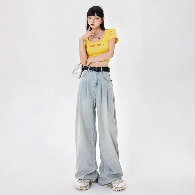 American Retro High-quality Women's Loose Wide Leg Jeans for Students Breathable Cool with A Hanging Feel and Extended Length