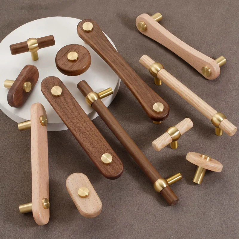 96mm 128mm 192mm Walnut Wooden Cabinet Handles Brass European Style Kitchen Cabinet Knobs Gold Cupboard Door Pulls Door Hardware