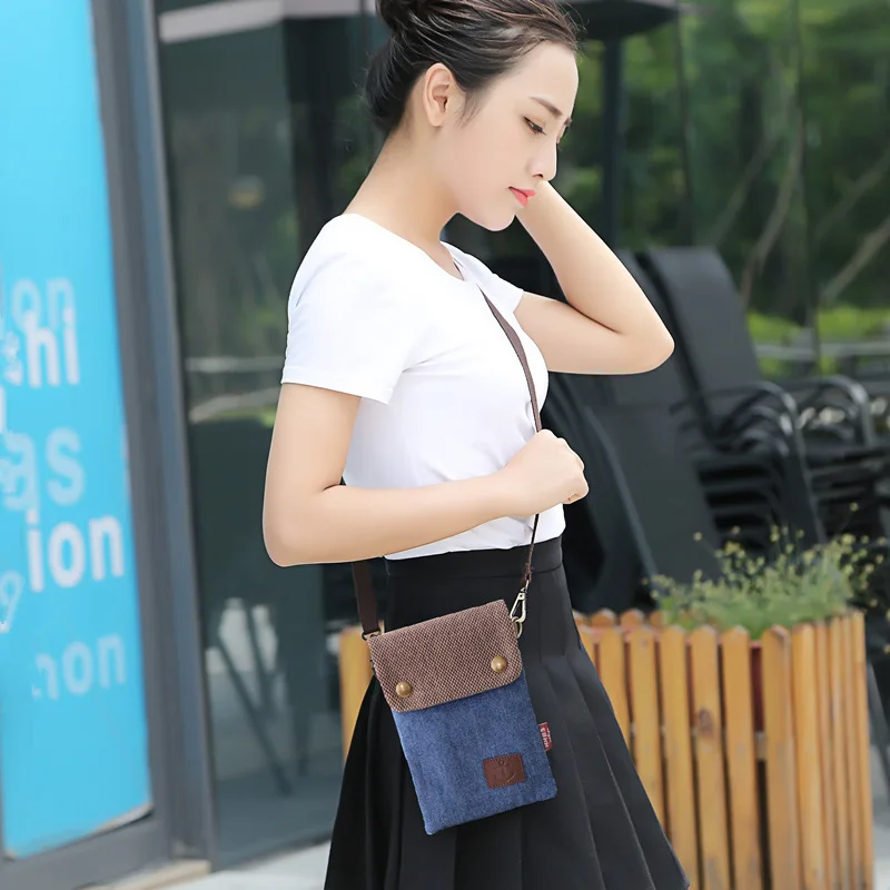 Fashion Canvas Vintage Shoulder Purse Bag Three Layer Splice Color Handbag Mini Fabric Crossbody Cell Phone Bag for Women Man