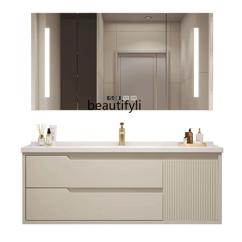 

Cream Style Solid Wood Bathroom Cabinet Ceramic Whole Washbin Washstand Bathroom Wash Basin