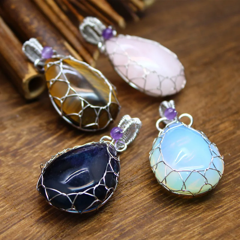 Polly Water Drop Crystal Pendant Necklace Natural Stone Amethysts Clear Crystals Wire Wrapped Pendants Jewelry