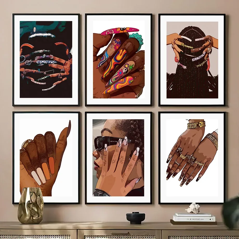 Fashion Glasses Black Girl Beautiful Nails Wall Art Canvas Painting Living Room Decoration Posters And Prints Home Wall Pictures