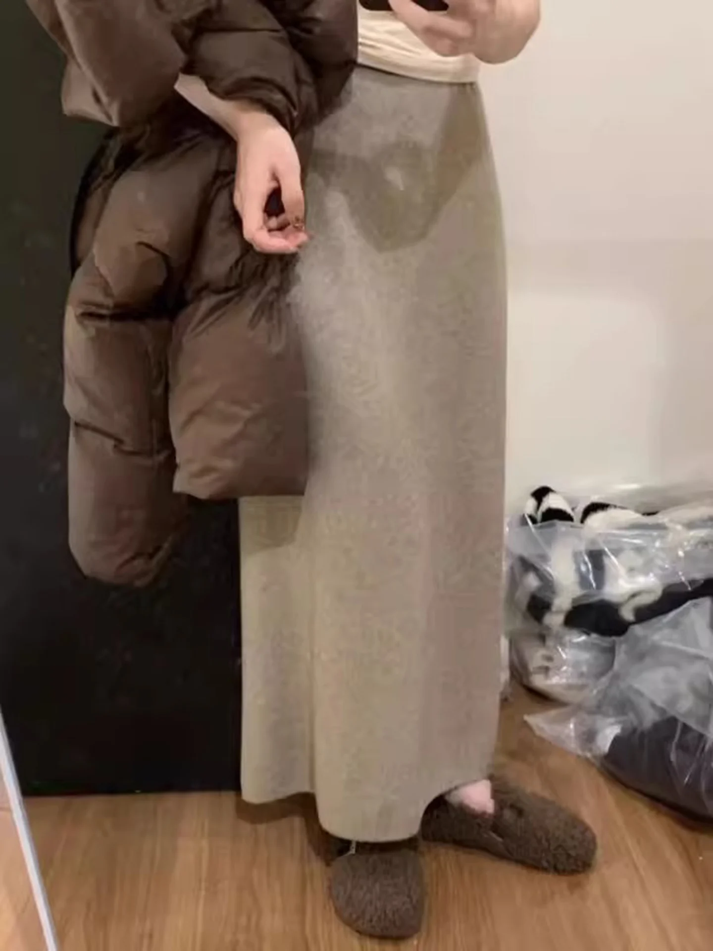 

Ele Knitted Long A-Line Skirt for Women High Waist Slit Design Autumn Winter Faion Commute Ci Walk Casual Skirts