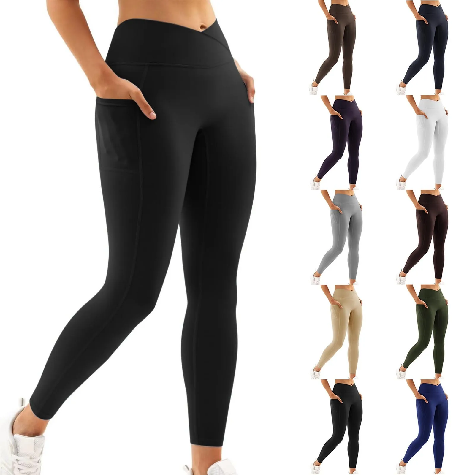 Leggings a vita alta incrociati da donna pantaloni sportivi elastici in vita tinta unita con tasche laterali pantaloni da jogging Slim Fit elasticizzati pantaloni da Yoga