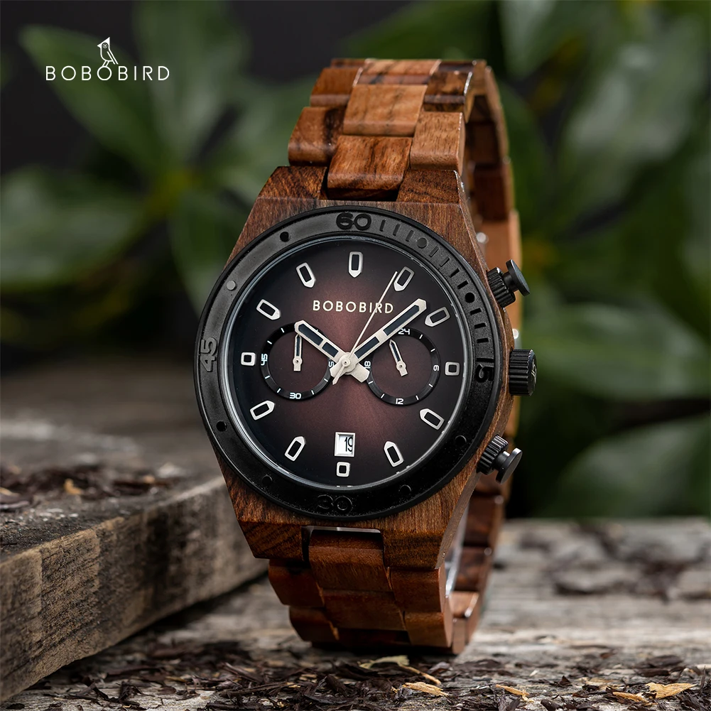 

BOBO BIRD Wooden Men Watch Fashion Business Quartz Wristwatch Custom Engraved Wood Chronograph Watches with Date Display