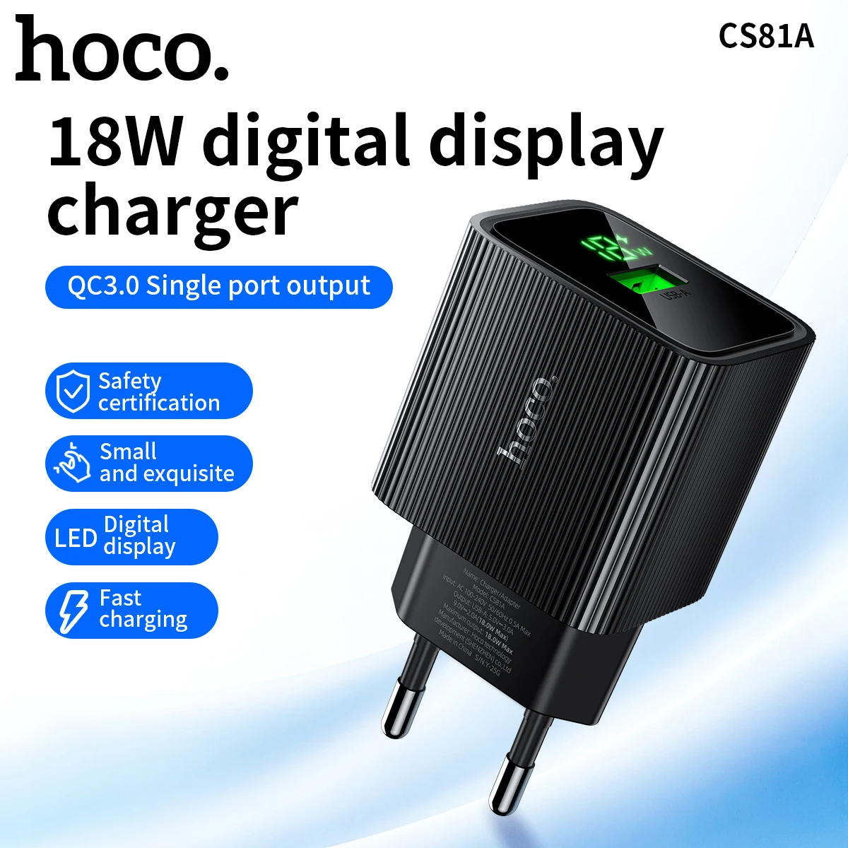 

HOCO EU Plug 18W USB A LED Digital Display Wall Travel Charger For Samsung A51 A71 QC3.0 Phone Charger Adapter For Xiaomi Huawei