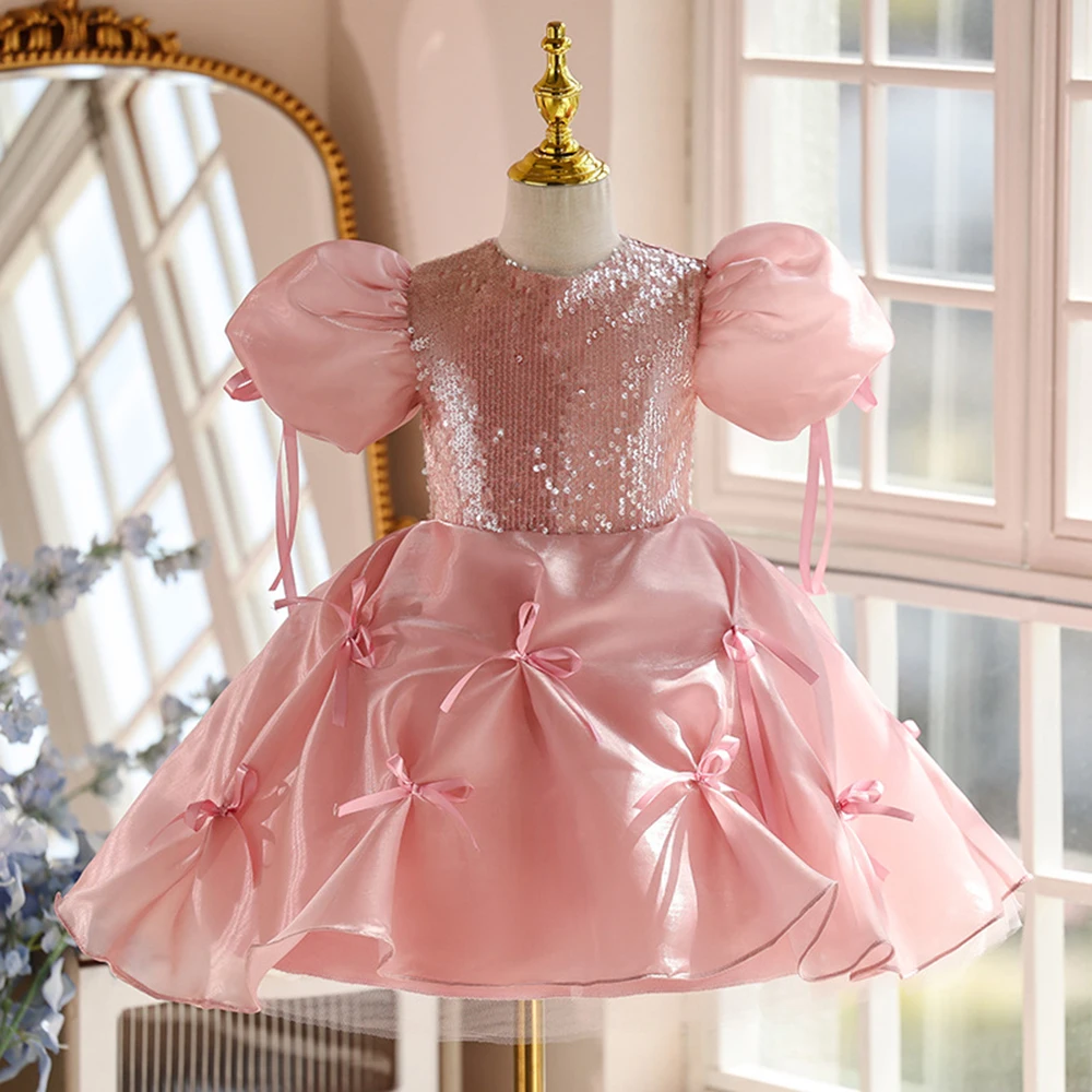 

Милое розовое платье принцессы для девочек от 1 до 6 лет, детское платье с пайетками и короткими рукавами-пузырьками, платье для выпускного вечера с бантом и узлом по подолу, платье для дня рождения