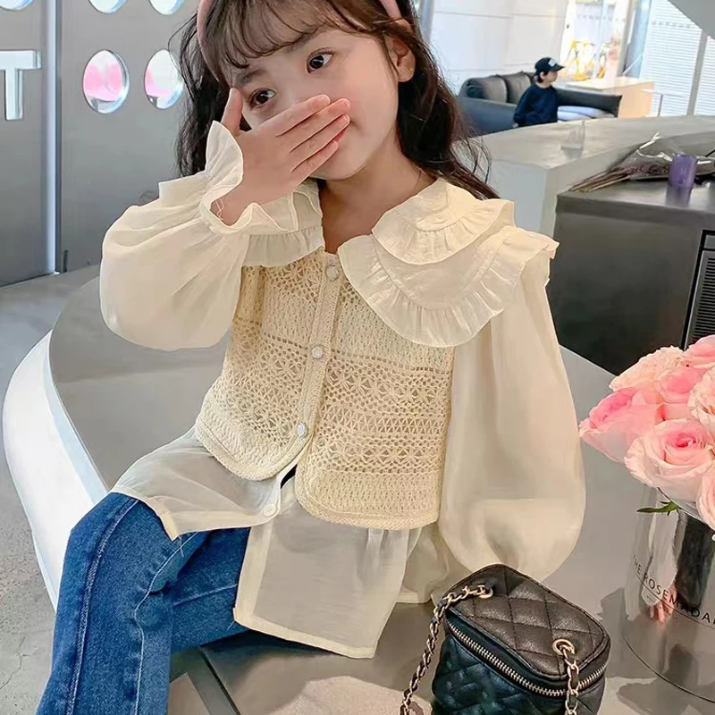 Children\'s Clothing Suit Spring Autumn New Girls Set Cute Ladies Fake Two-Piece Vest Shirt+ Jeans Girls Fashion Kids Outfit 2pcs
