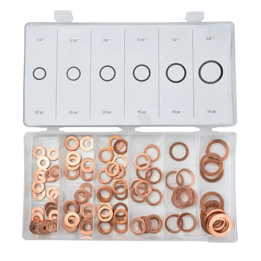 

110PCS Engine Oil Drain Copper Ring Gaskets Flat Washer Set Seal Assortment Kit with Box