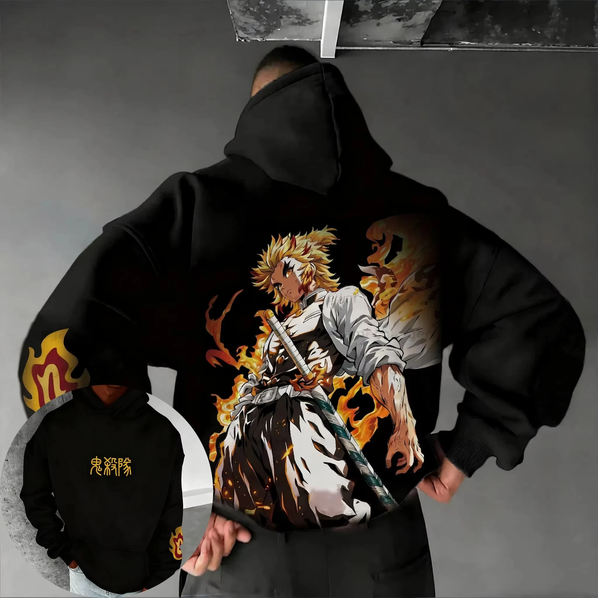 

Bandai 2026 New Demon Killer Rengoku Kyoujurou Print Plus Size Autumn/Winter New Men's Hoodie Warm Parent-Child Loose Top