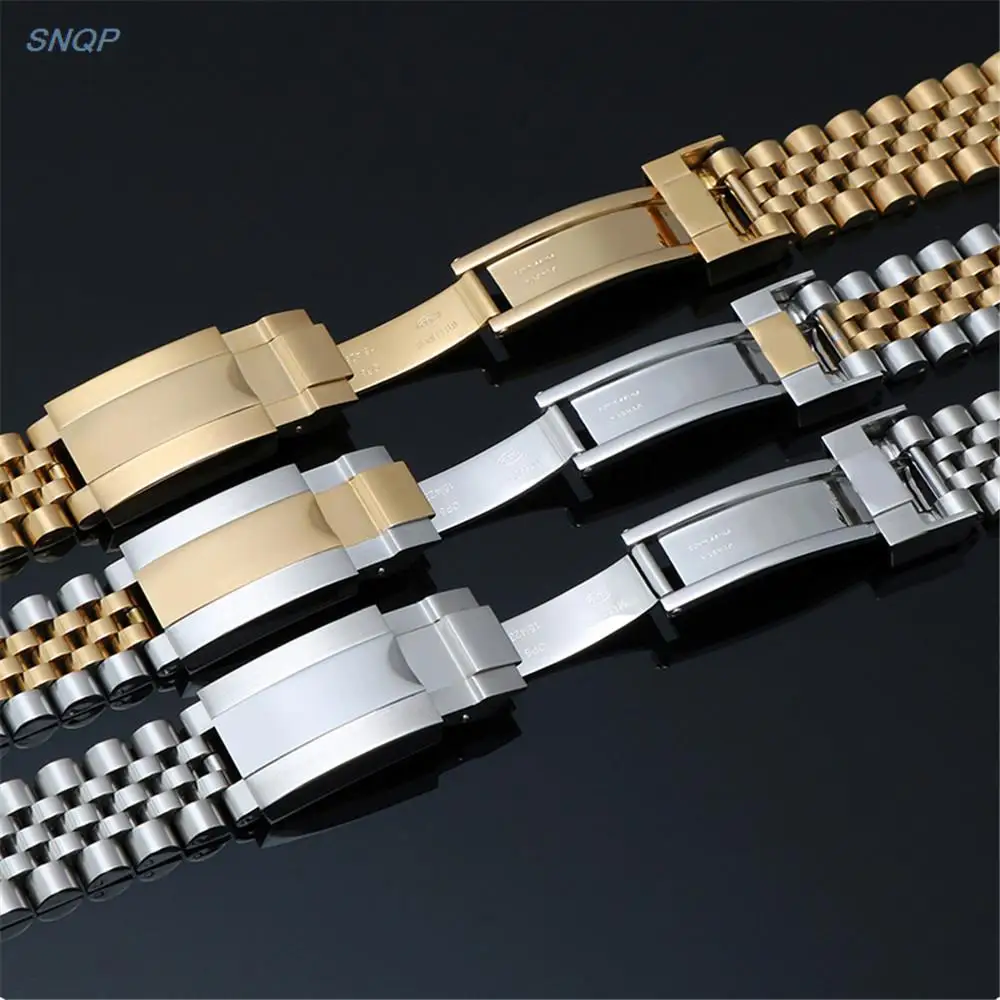 남녀공용 솔리드 스테인레스 스틸 시계 밴드, 곡선 엔드 금속 접이식 버클, 손목 팔찌 스트랩 액세서리, 실버 골드, 20mm