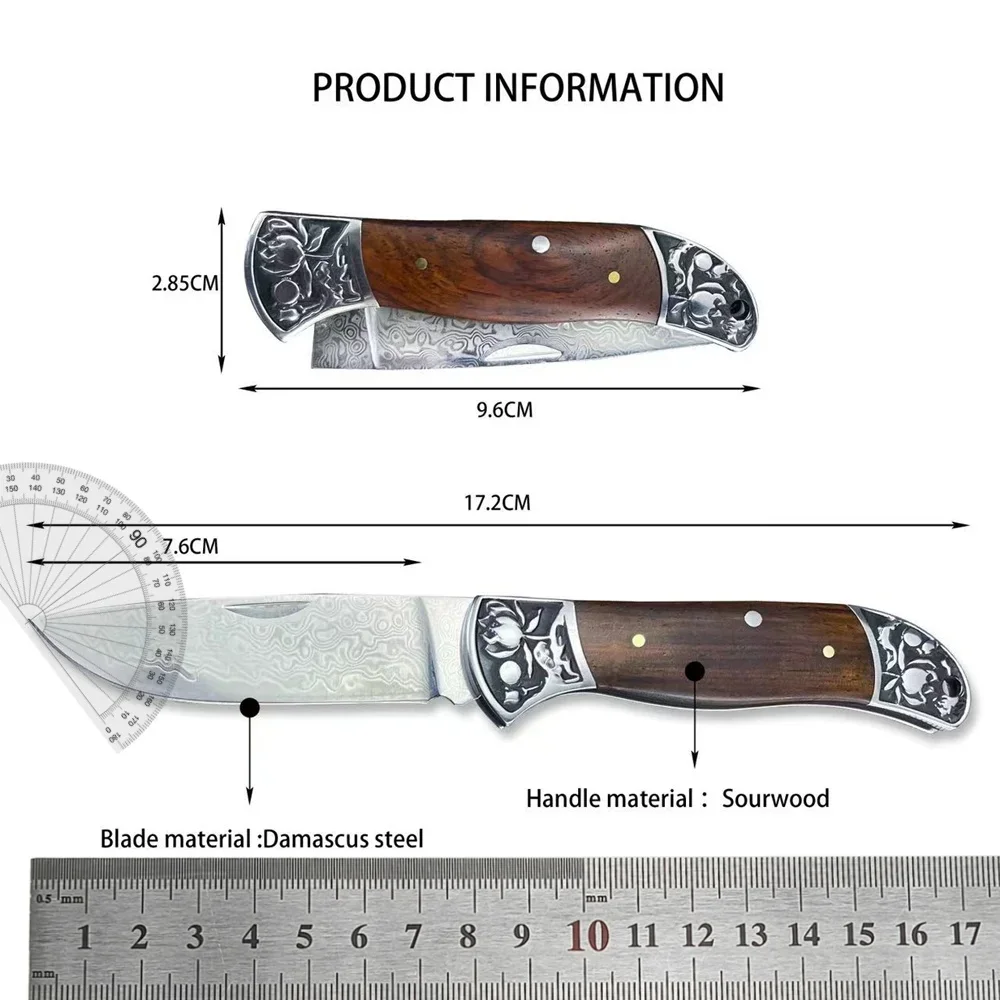 Damascus Steel Blade High Hardness Folding Knife Cedarwood Handle with Cowhide Sheath Outdoor EDC Camping Climbing Tools Gift