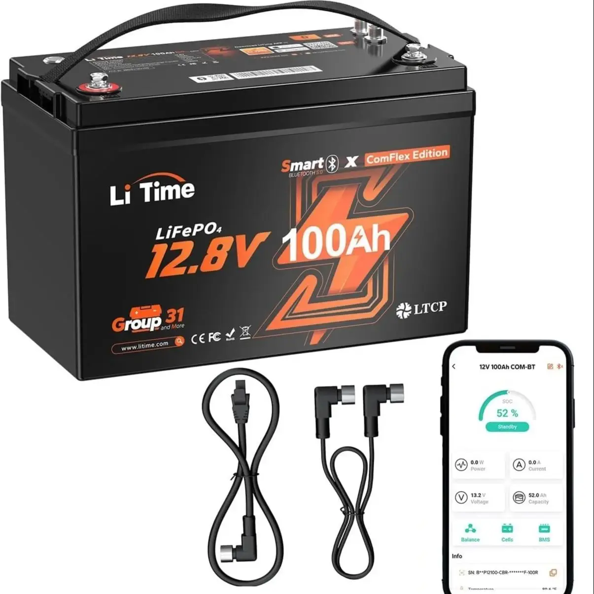 LiTime 12V 100Ah LiFePO4 Bluetooth Akku, Victron kompatibel, CAN/RS485, 100A BMS, Tieftemperaturschutz, Wohnmobil Solar Speicher