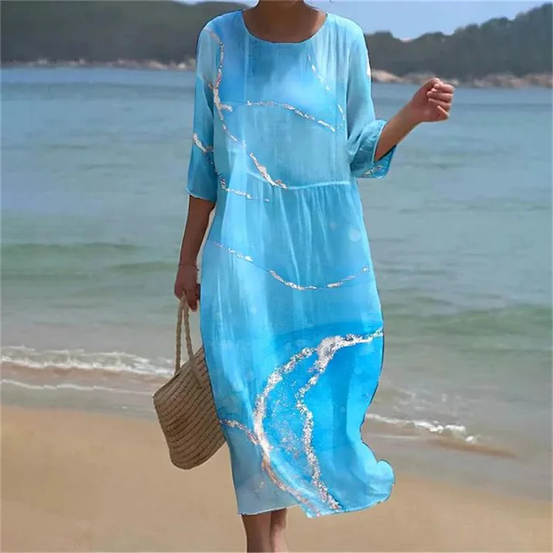 

Women's Half Sleeves Floral Pattern Resort Dress Spring Round Neck Pleated Party Dress Autumn 3/4 Sleeve Loose A-Line Long Dress